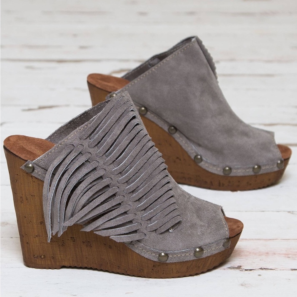 Fringed Suede Open-Toe Wedge Sandals